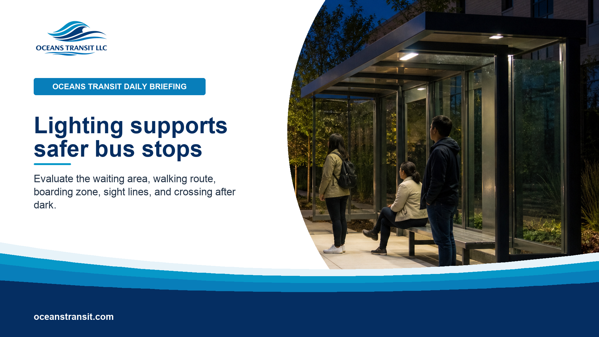 A generic, evenly lit bus shelter and accessible boarding area at dusk