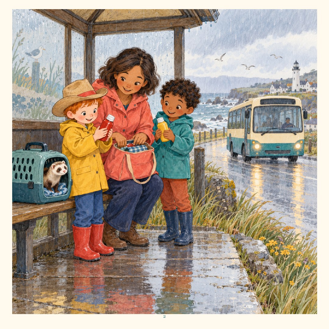 Billy and Jake wait with an adult at a covered bus shelter on a rainy day.