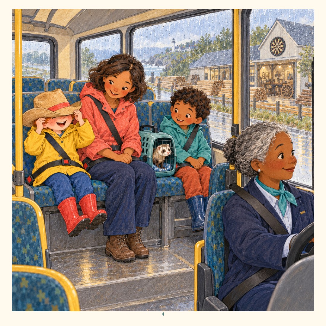 Billy and Jake ride the bright blue bus while rain runs down the windows.