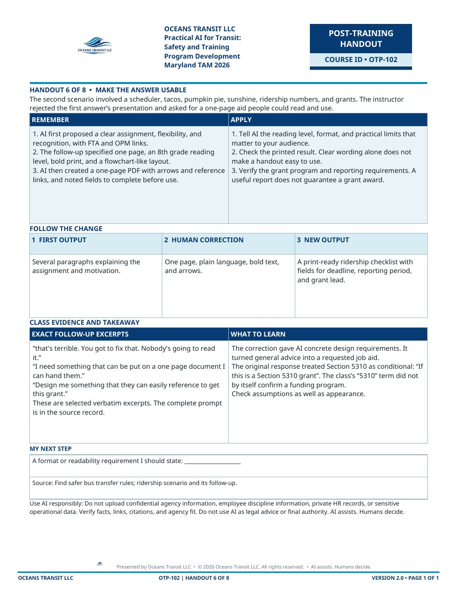 First-page preview of Ridership handout