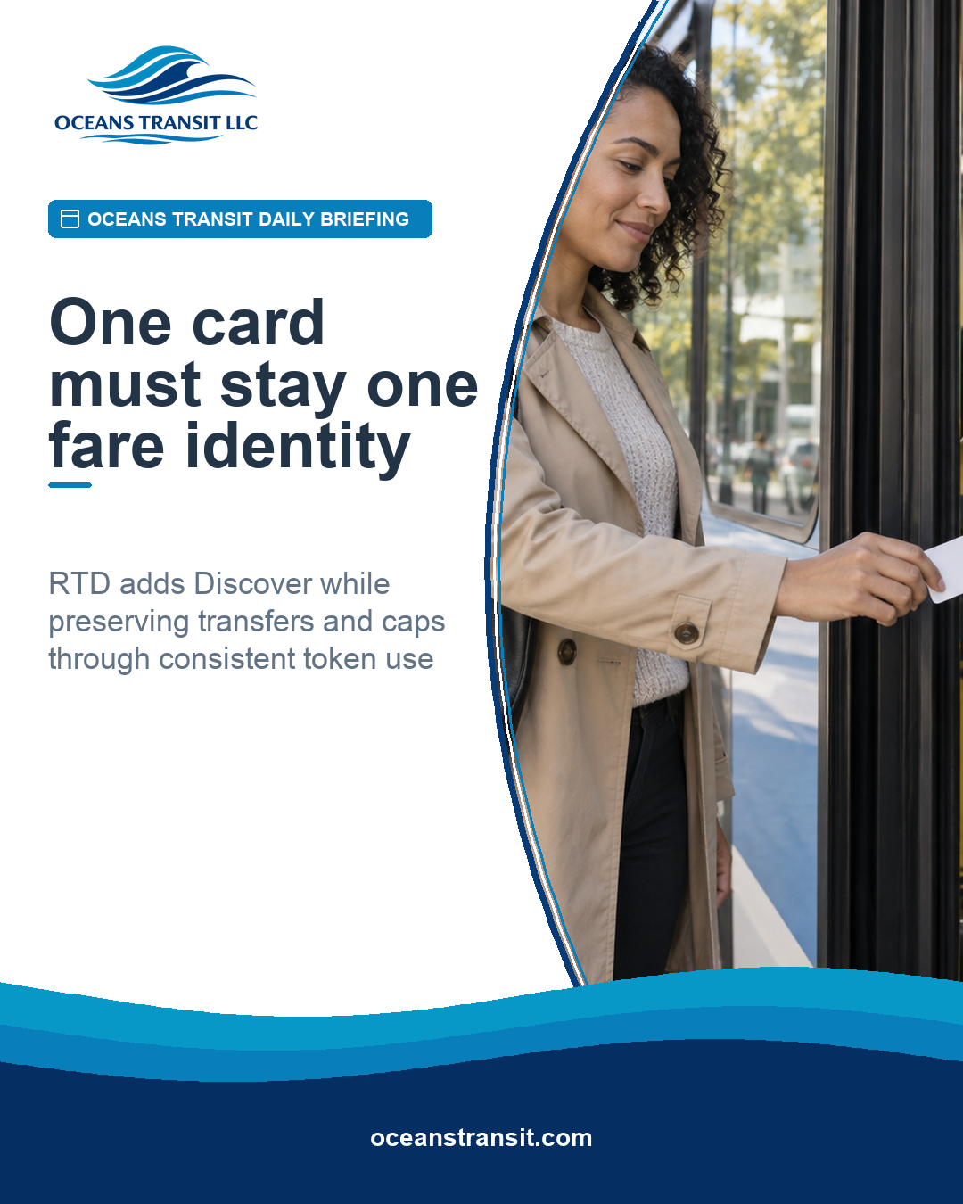 Generic transit rider tapping a bank card at an unbranded fare validator.