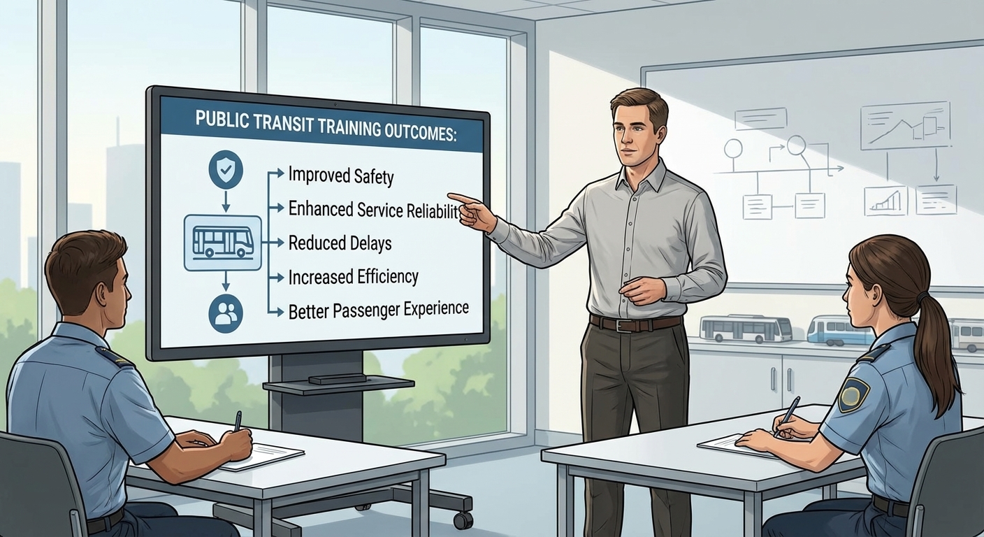 Illustrated transit instructor leading a classroom session for two participants